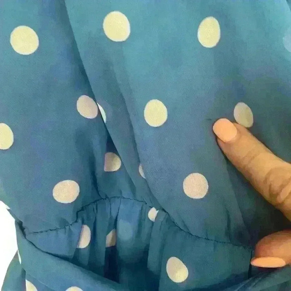 Mi Ami Mock Wrap Polka Dot Ruffle Mini Dress Size Small. Light Blue Graduation - Picture 6 of 6